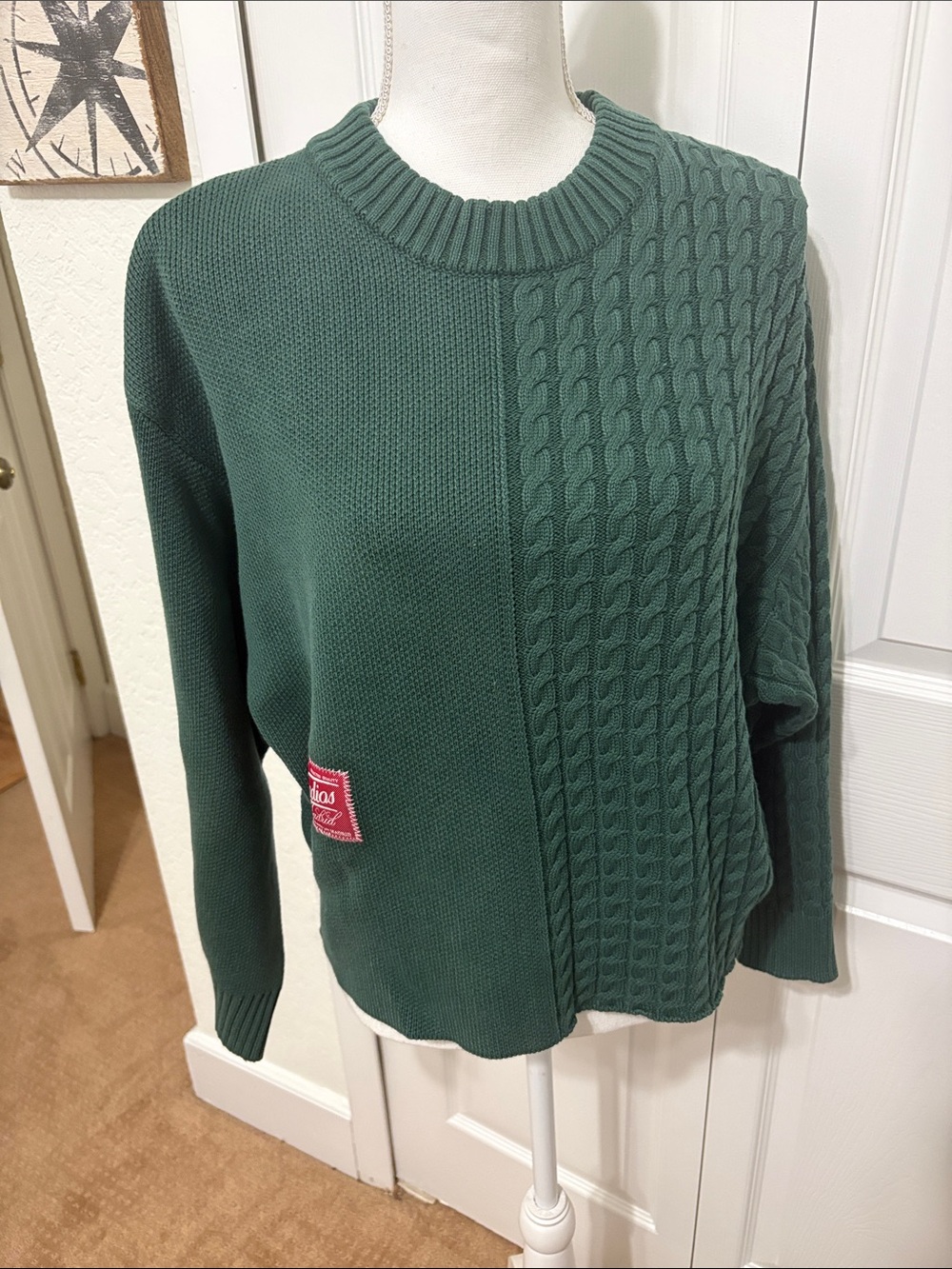 Women's Forest Green Mixed Cable Knit Crewneck Sweater
